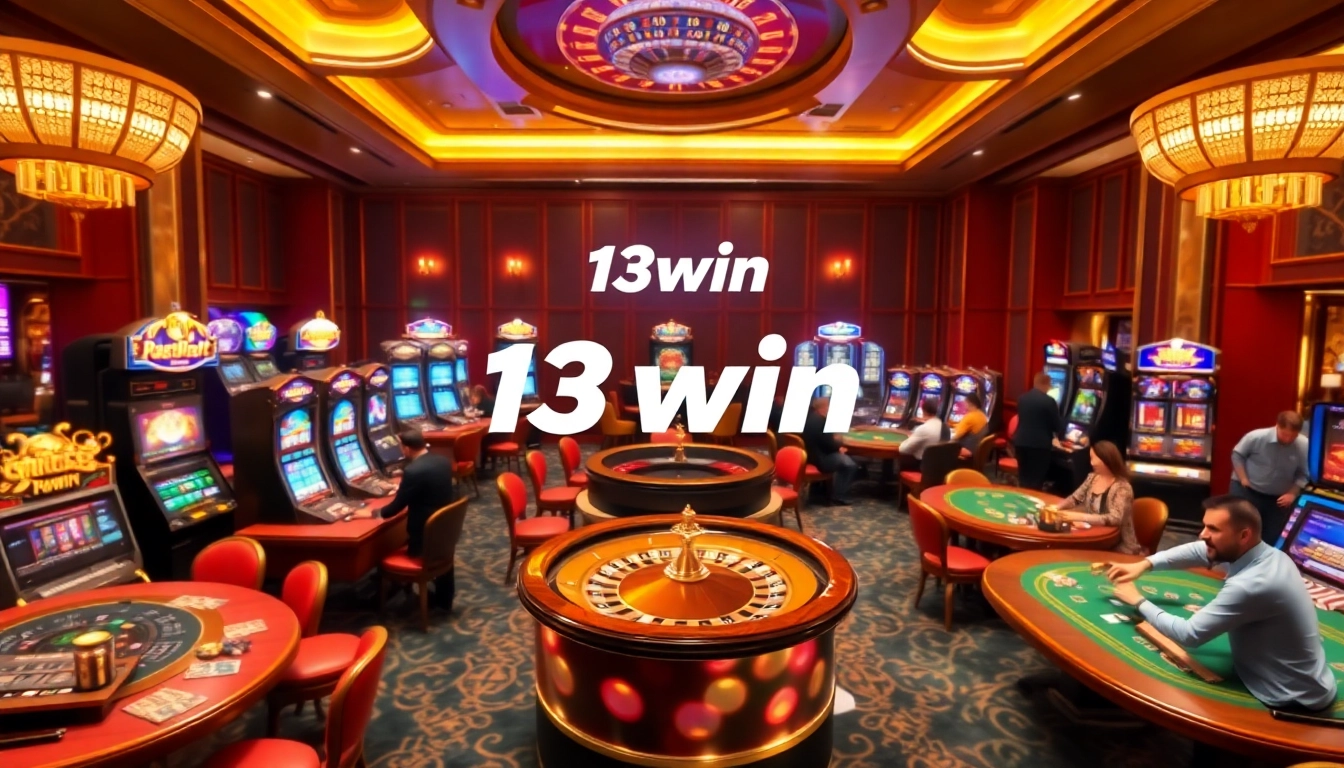 Engaging gambling scene with the 13win logo amidst casino tables and players.