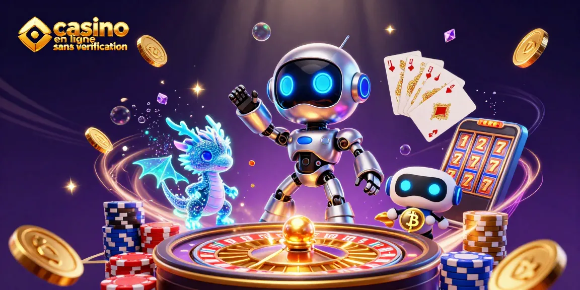 Gagnez avec le casino en ligne sans vérification grâce à un robot cyborg et un dragon holographique dans une scène dynamique.