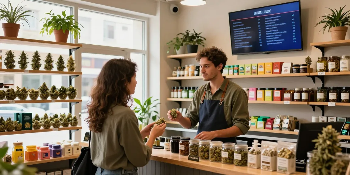 Buy weed online Europe in a cozy cannabis shop with a welcoming budtender and vibrant products on display.