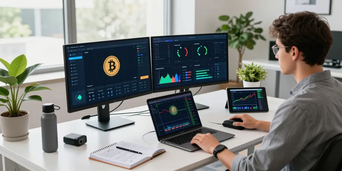 Cloud mining setup featuring crypto performance metrics, Bitcoin mining dashboard, and digital wallet in a tech office.