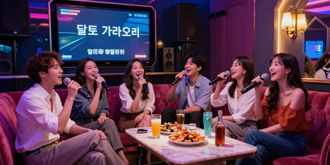 Enjoying a night at 강남 달토 가라오케 with friends, featuring vibrant decor and top-notch sound system.