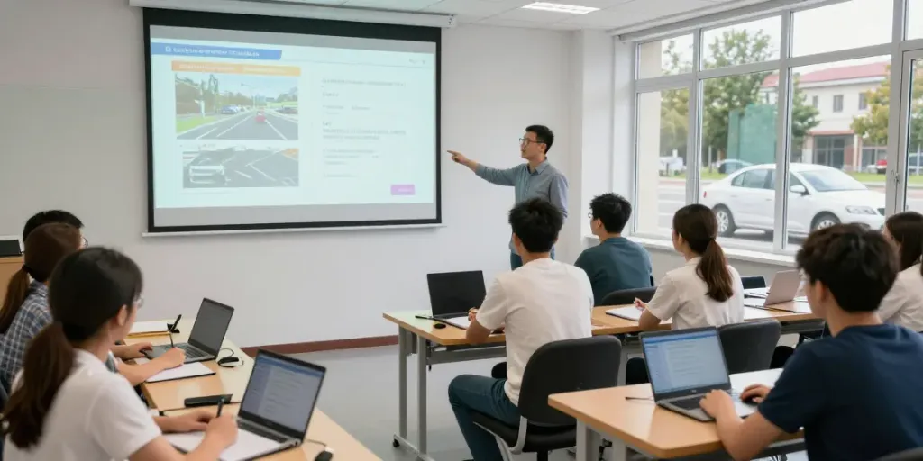 Students at автошкола кишинев engaged in a driving theory lesson, with an instructor and Skoda Fabia visible outside.