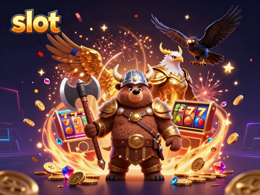 Memenangkan slot dengan Viking dan elang Valkyrie di kasino penuh warna, simbol jackpot dan koin emas bertebaran.