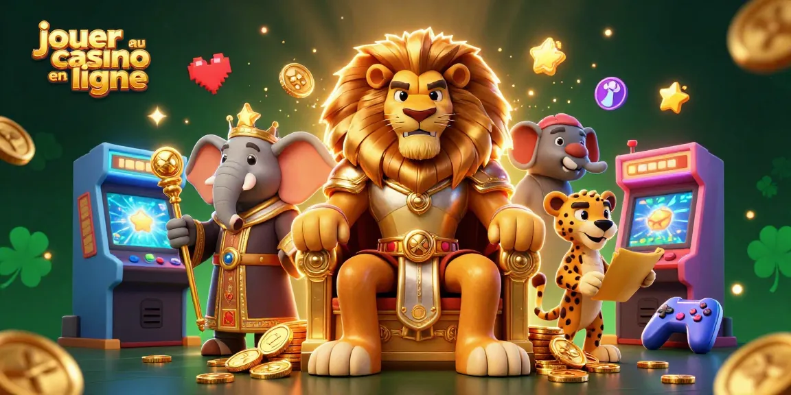 Jouez au casino en ligne avec des éléments de jeu vibrants et un roi lion majestueux, dans une scène immersive.