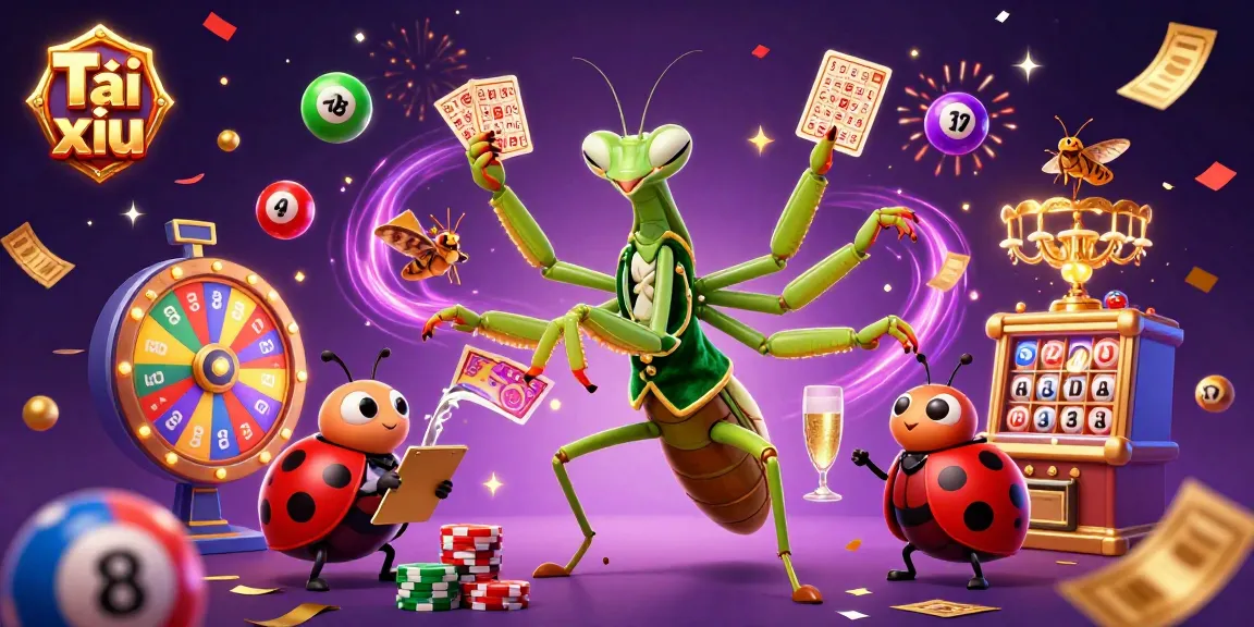 Tài xỉu gaming action featuring a cartoon mantis sharp and a ladybug pit boss amidst vibrant casino elements.