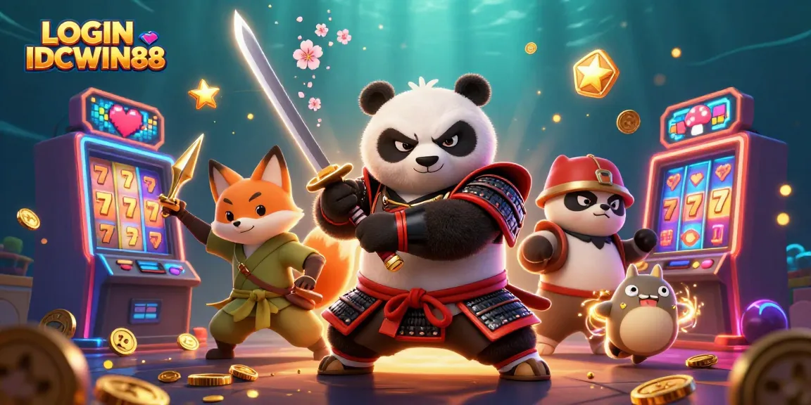 Engage with LOGIN IDCWIN88 in this vibrant, action-packed slot gaming scene featuring a samurai panda.