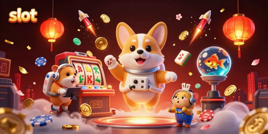 Immerse in the excitement of slot gameplay with a floating corgi protagonist in a vibrant casino scene.