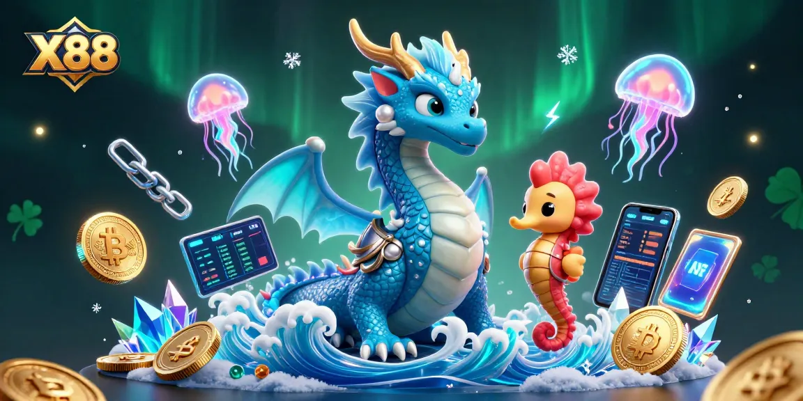 Join the thrilling X88 casino adventure with a majestic water dragon and seahorse knight.