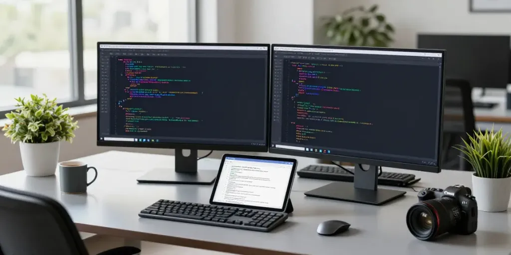 Developer using Notepad++ code editor on dual screens in modern office.