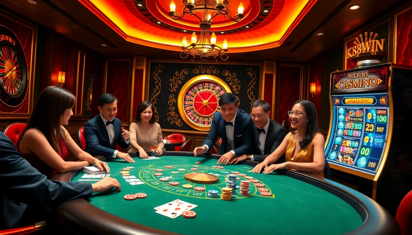 K88win offers vibrant casino action with a high-stakes poker table and colorful slot machines.