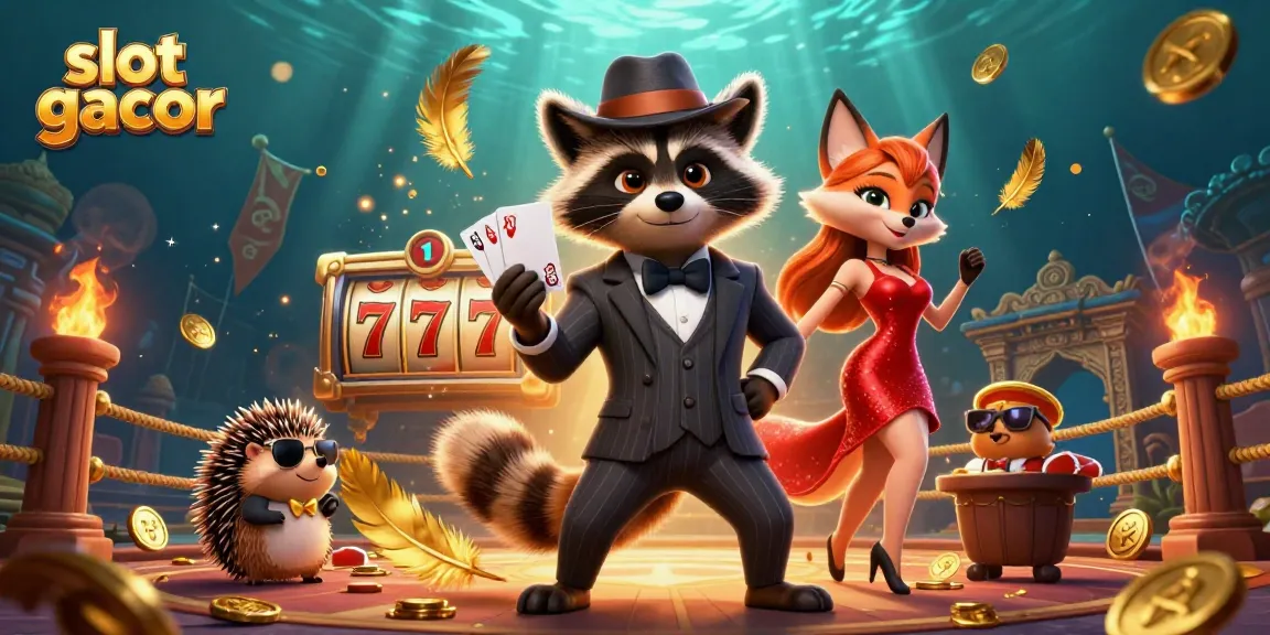 Experience excitement with slot gacor amidst a lively casino scene featuring animated characters.