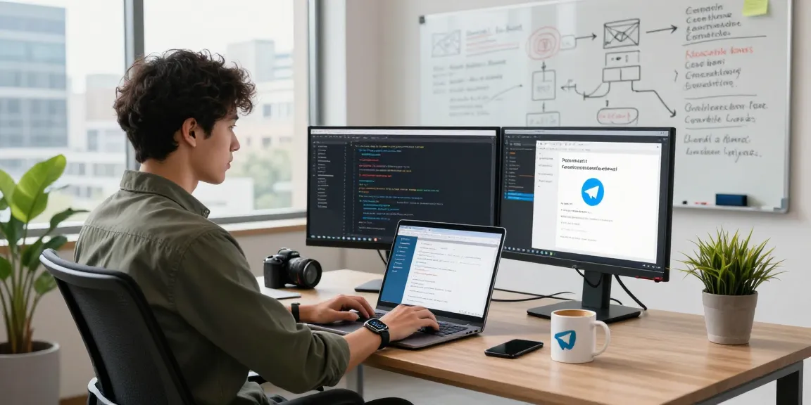 Developer coding on a laptop at a modern office, showcasing telegram官网 interface and vibrant workspace environment.