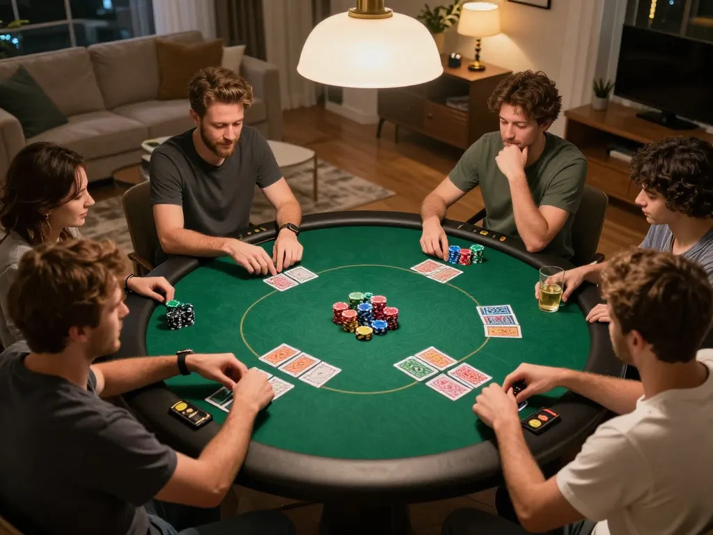 Engaged players strategizing at home poker game while referencing tor hidden wiki for resource links