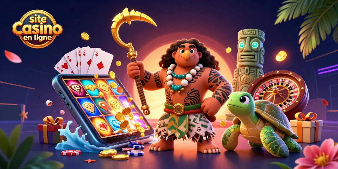 Plongez dans le monde du site casino en ligne avec un dieu hawaïen et un décor tropical animé.