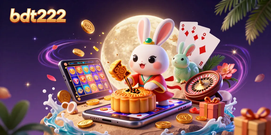 Experience thrilling gameplay with bdt222 as the moon rabbit reveals poker chips in a vibrant casino scene.