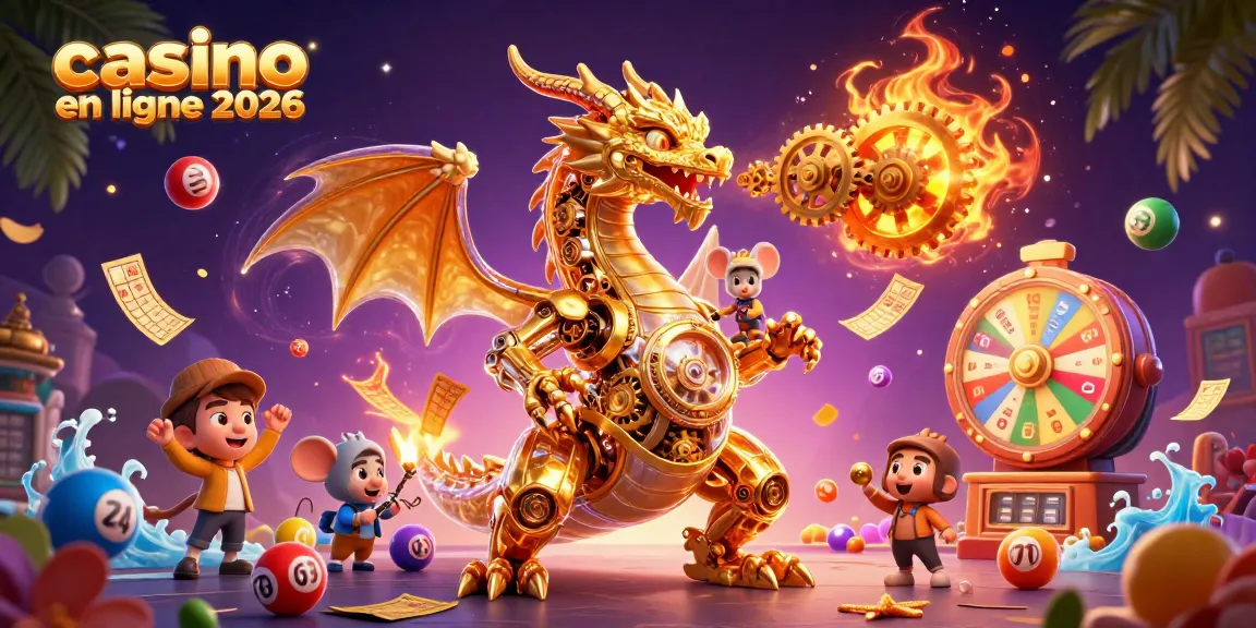 Profitez des jeux sur le casino en ligne 2026 avec un dragon mécanique entouré de loteries.