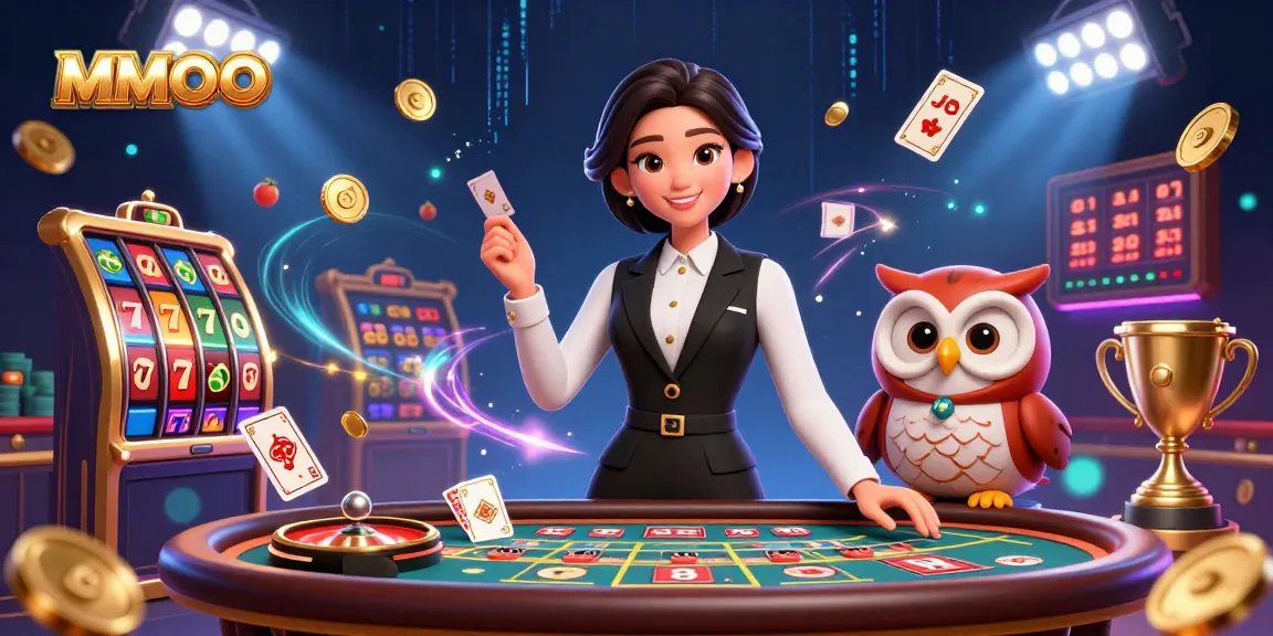 Engage with MMOO's thrilling casino experience featuring dynamic slot elements and charming dealers.