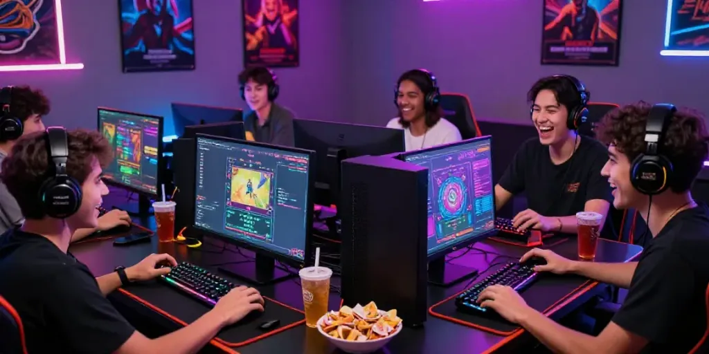Enthusiastic players enjoying Togel online with high-end gaming gear and vibrant ambient lighting.