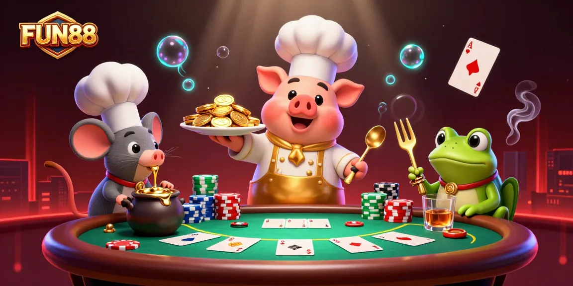 Experience the FUN88 thrill with a 3D chef pig serving gold coins, surrounded by poker tables and vibrant casino elements.