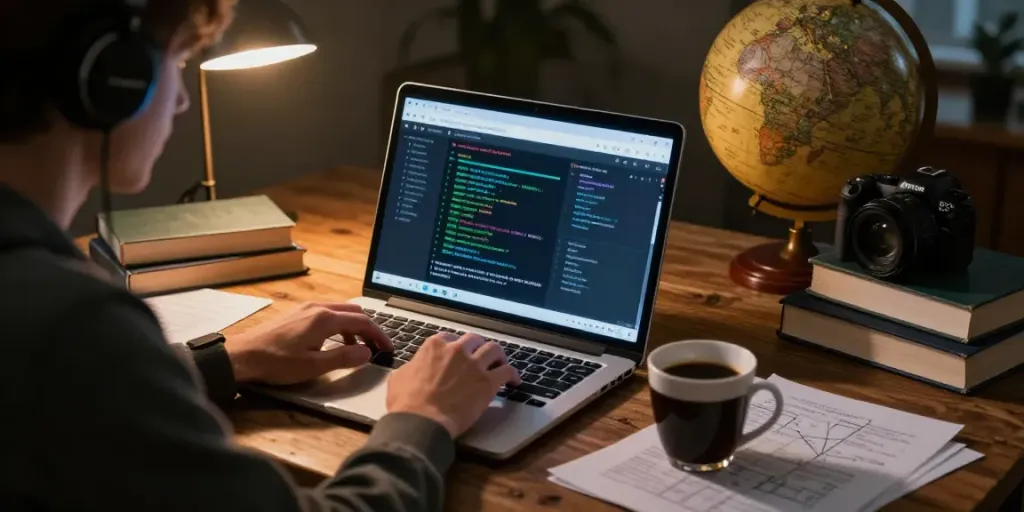 Individual exploring hidden wiki content on a laptop in a cozy study.