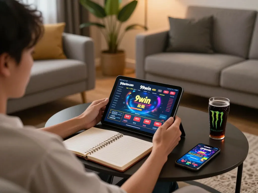 Engaged player using 99win com on tablet for online casino gaming, relaxed atmosphere with gaming strategy.