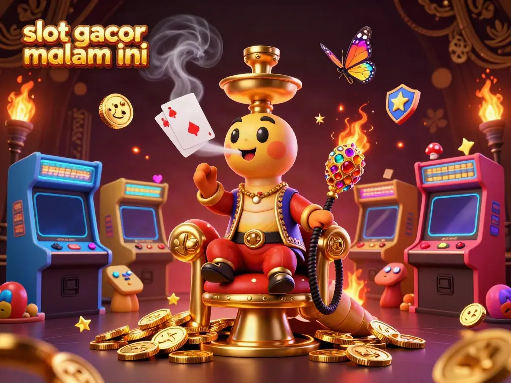 Slot gacor malam ini, ilustrasi kasino dengan karakter menarik dan elemen permainan yang kaya.