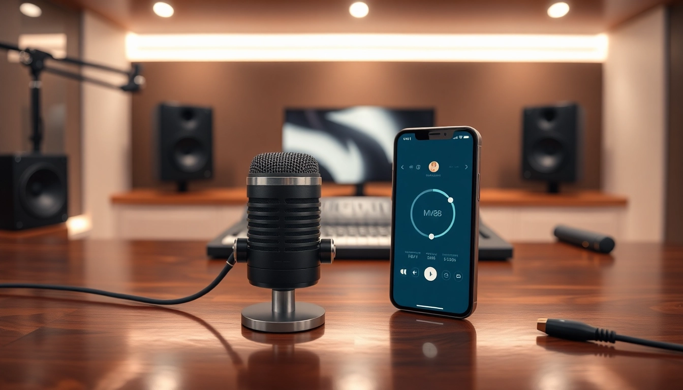 MV88 microphone showcased in a professional recording studio with iPhone interface.