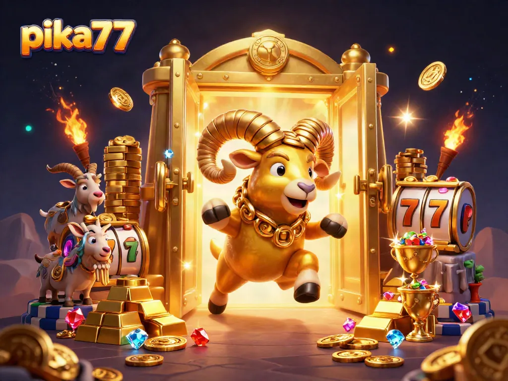 Experience thrilling adventures at pika77 with vibrant slot reels and golden treasure in an engaging casino scene.