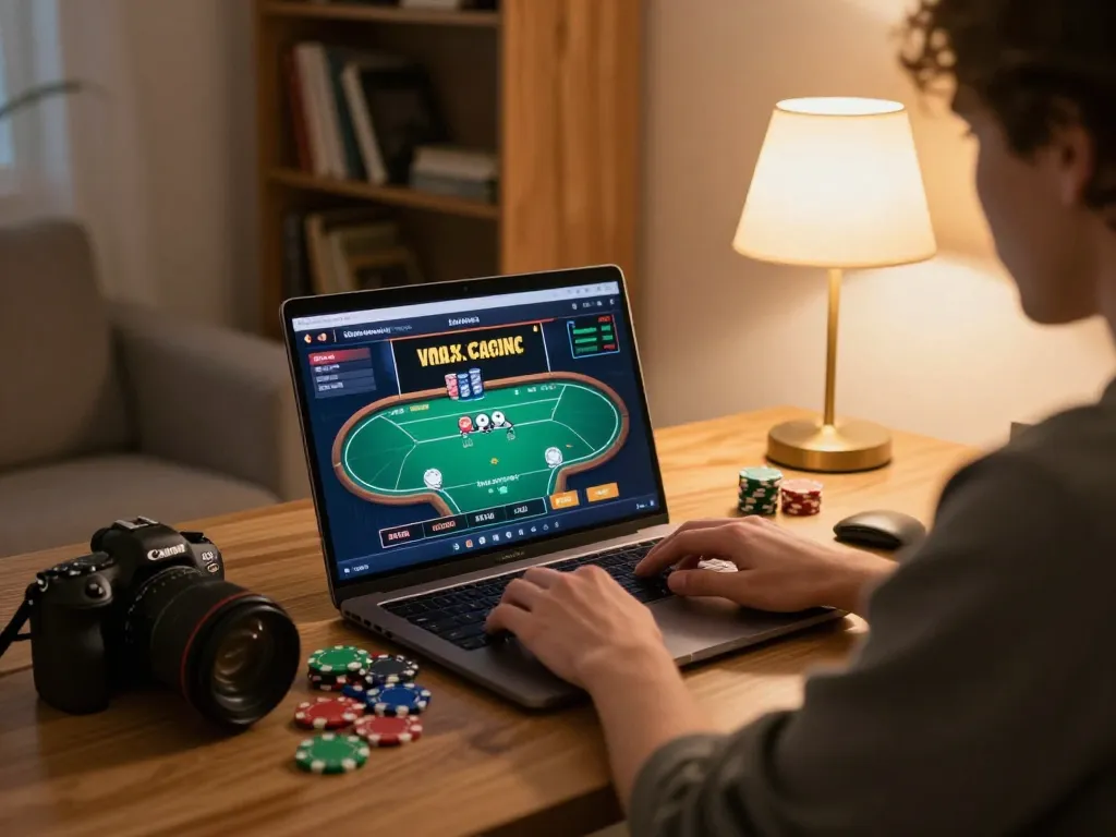 Person engaging with Vmax online casino on laptop displaying poker game, cozy home setup.