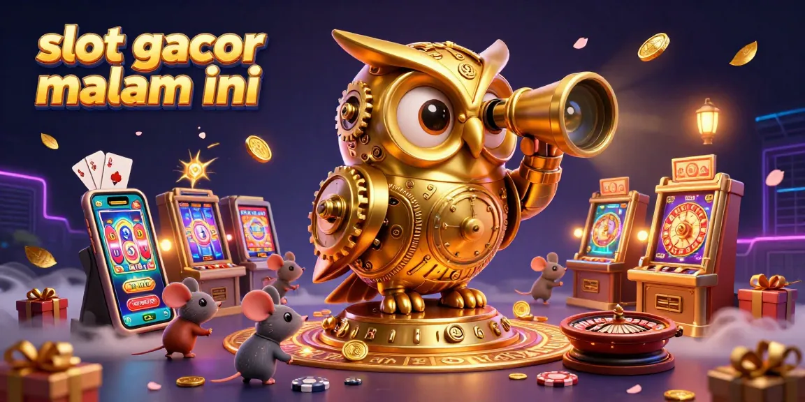 Win big with slot gacor malam ini, featuring a whimsical scene of characters amidst colorful slot games and gaming elements.