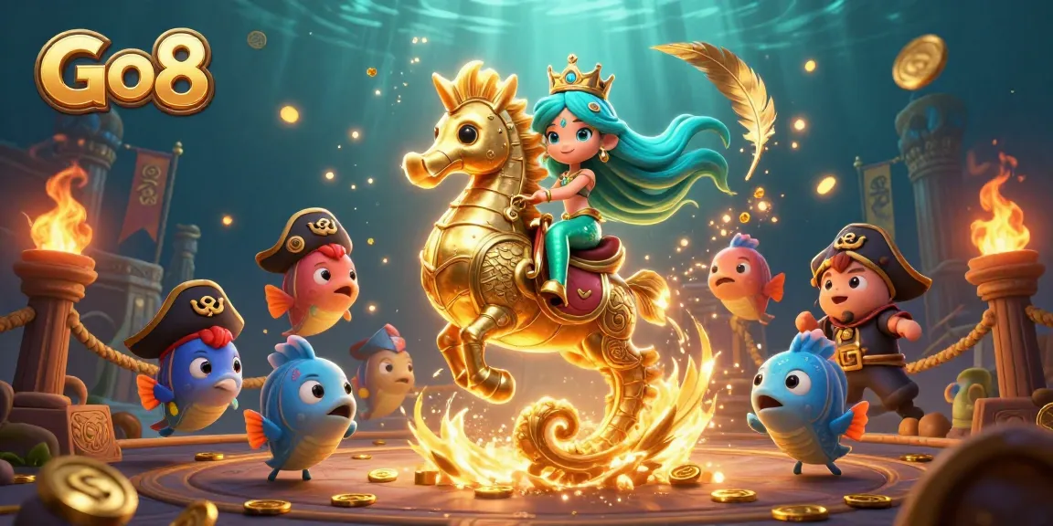 Engage in thrilling underwater gameplay with Go8, featuring a mermaid riding a seahorse amidst gold coins.