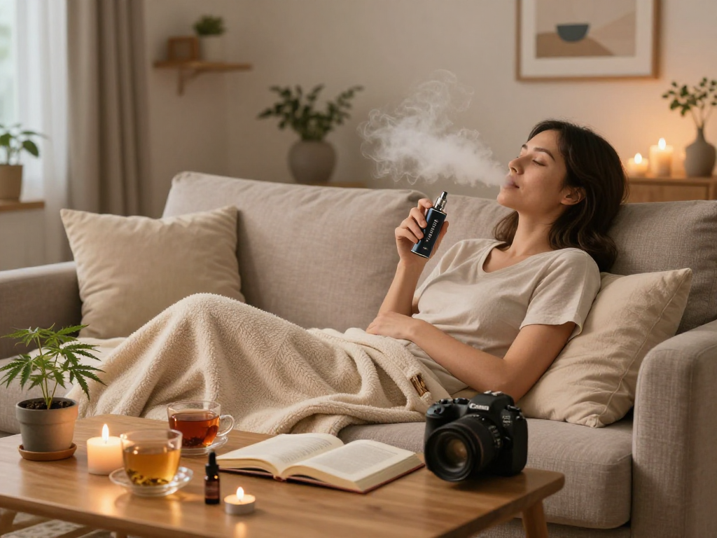 Pack Man vape THC device used in a cozy wellness routine with hemp plants and candles, showcasing natural relaxation.