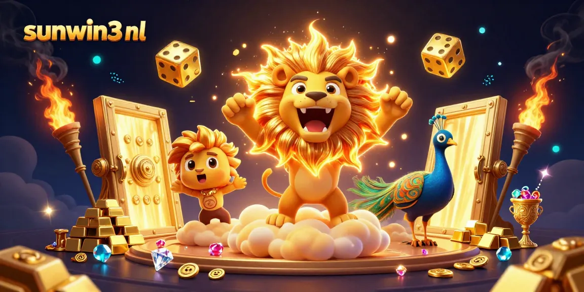 Experience thrilling moments at sunwin3 nl as the golden lion roars amidst piles of treasure and casino elements.