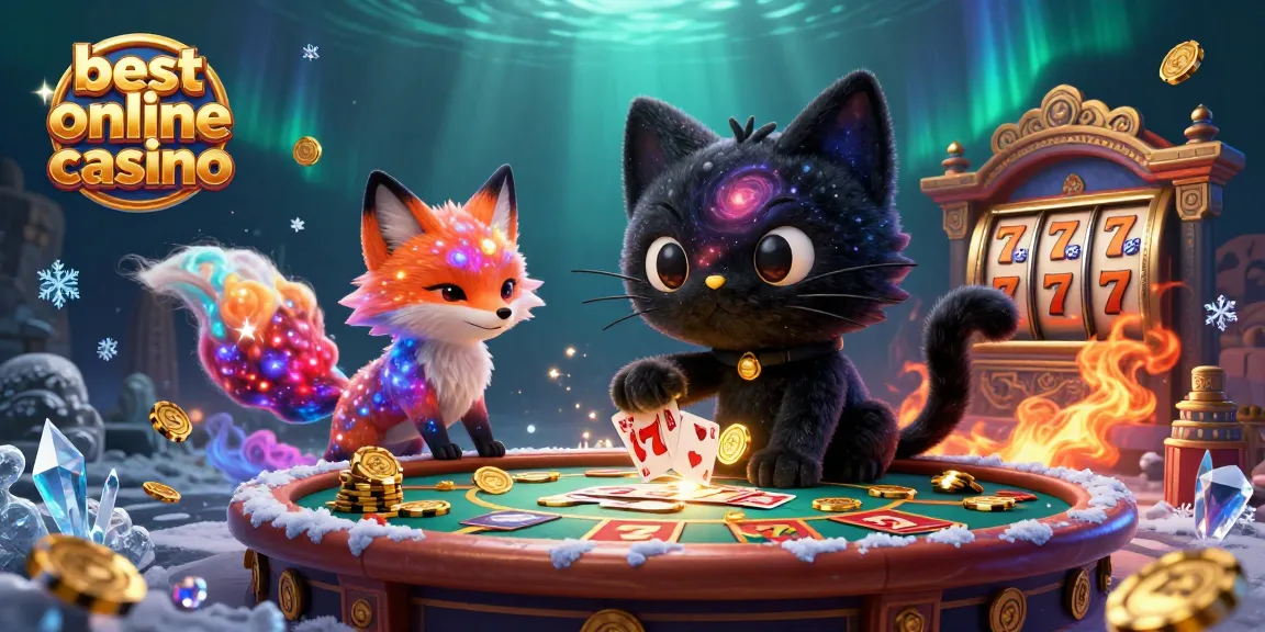 Best online casino illustration featuring a black hole cat and a colorful nebula fox at a cosmic table.