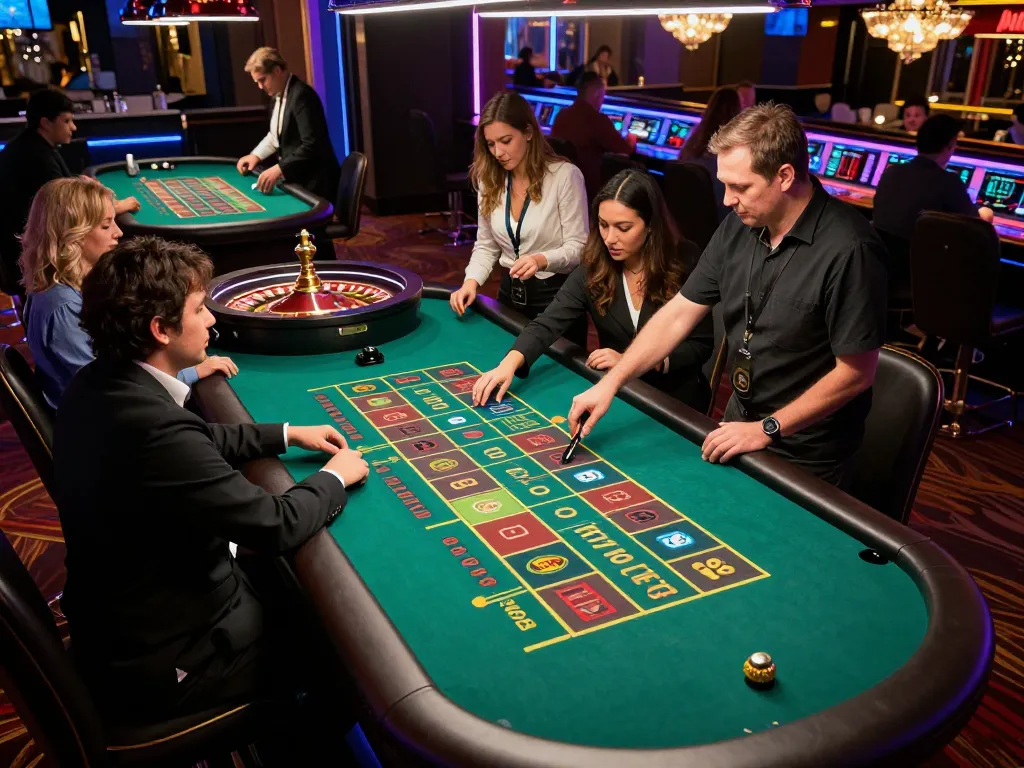 Players experience thrilling roulette action at Da88 casino, vibrant table and bright casino lights enhance excitement