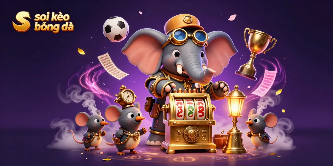 Soi kèo bóng đá illustrated with a steampunk elephant operating a slot machine amidst sports betting elements.