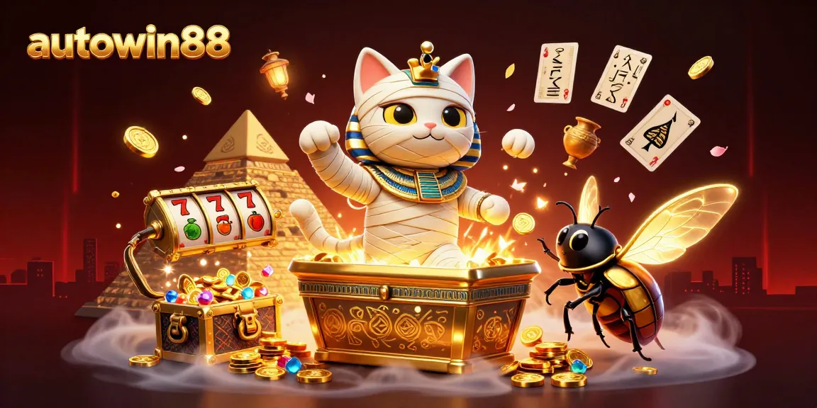 Join the excitement of autowin88 with the Egyptian mummy cat, vibrant slot reels, and golden treasures!