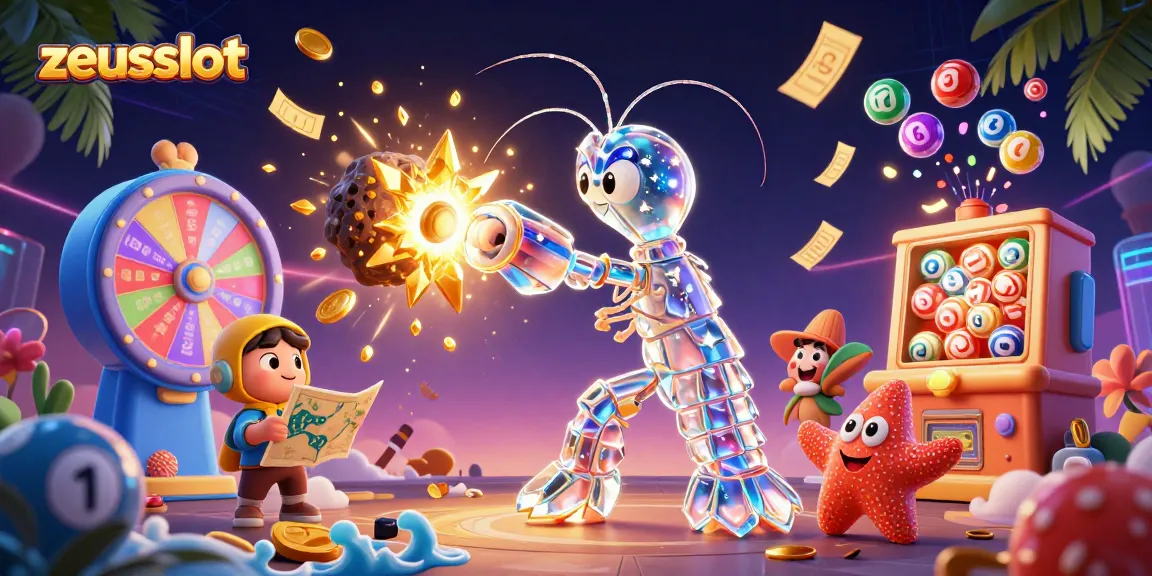 Engage with zeusslot in this dynamic 3D illustration featuring colorful lottery and gaming elements.