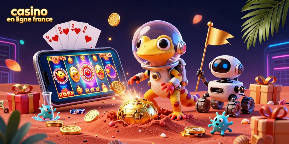 Explorez le casino en ligne France avec un gecko martien découvrant un casino doré dans le sable martien.