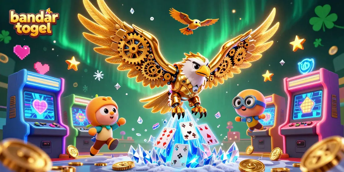 Experience the thrill of bandar togel with a vibrant scene of a cybernetic eagle amidst colorful casino elements.