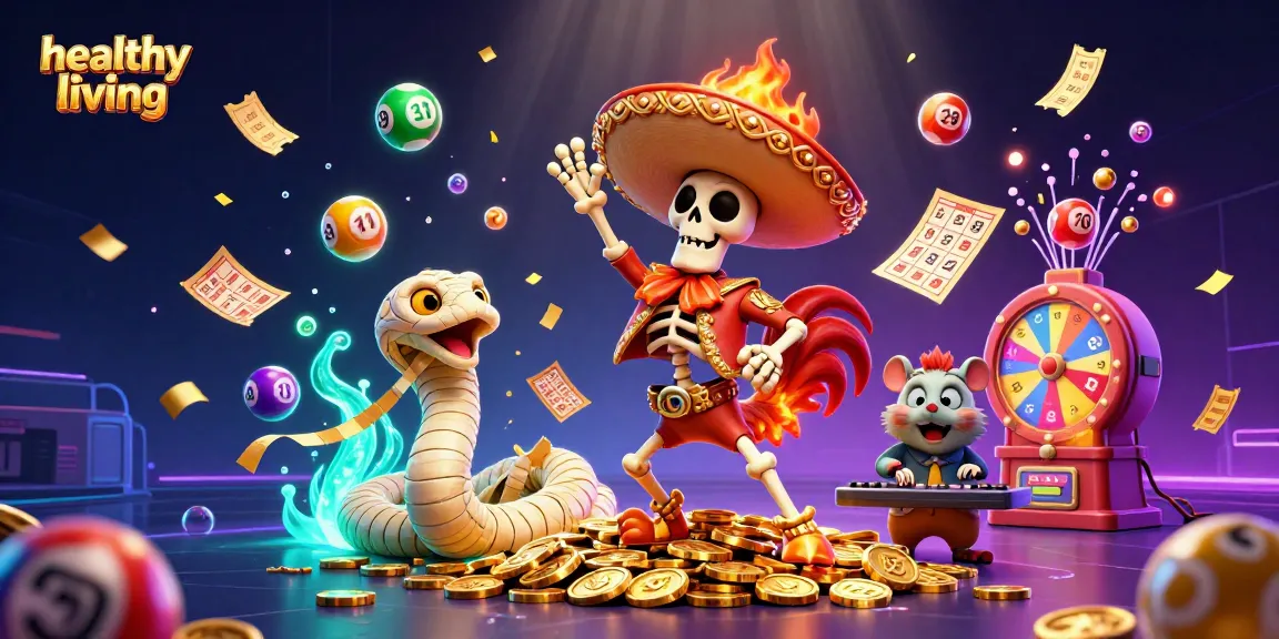 Vibrant casino scene promoting healthy living with a mariachi rooster and vibrant gambling elements.