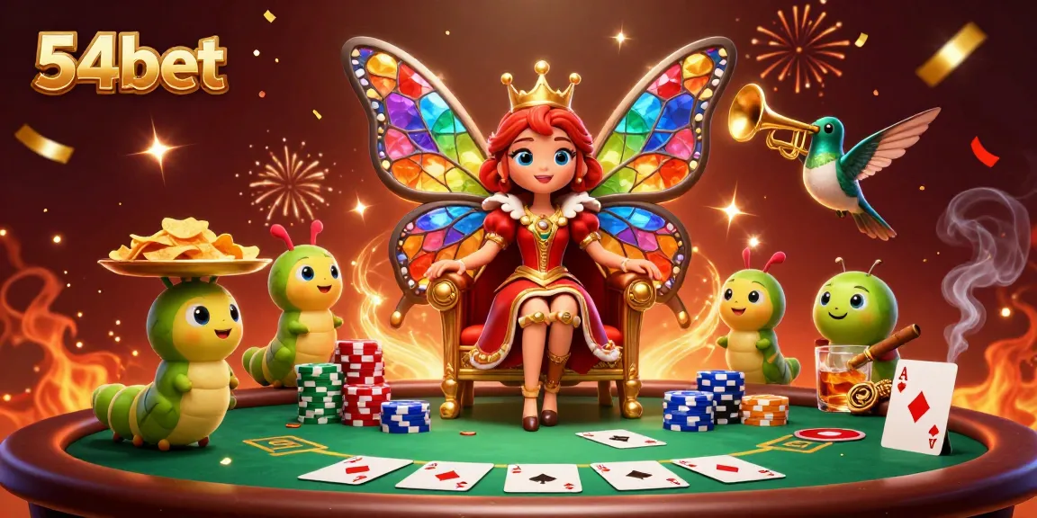 A vibrant 54bet casino scene featuring a butterfly queen, poker elements, and festive decorations.