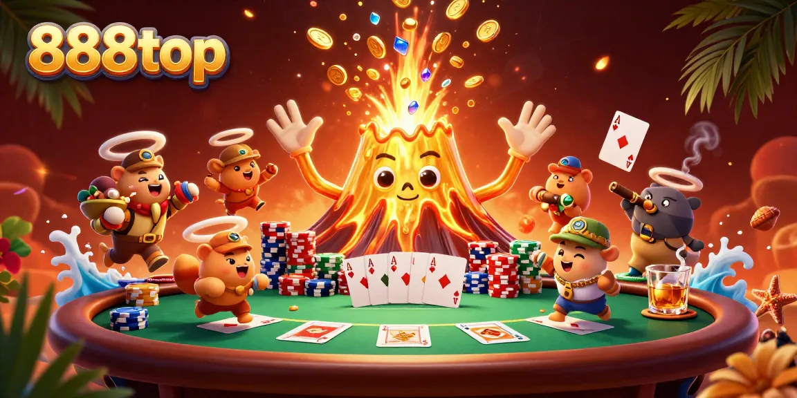 Experience the thrill of 888top with a vibrant casino illustration showcasing poker and treasures.