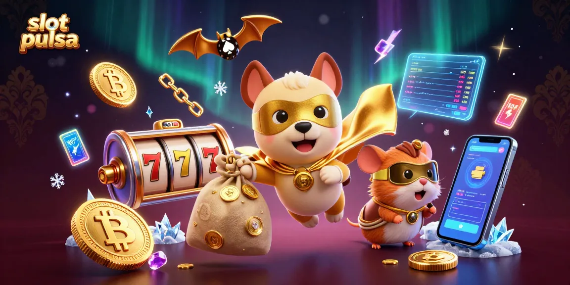 Mainkan slot pulsa dengan karakter kartun super anjing terbang yang membawa emas dan simbol slot dinamis.