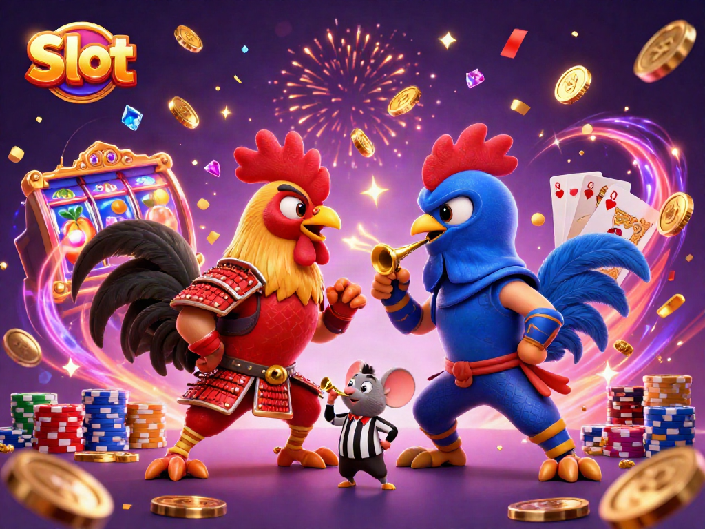 Slot game featuring twin roosters in combat with slot machine reels, poker chips, and casino elements.