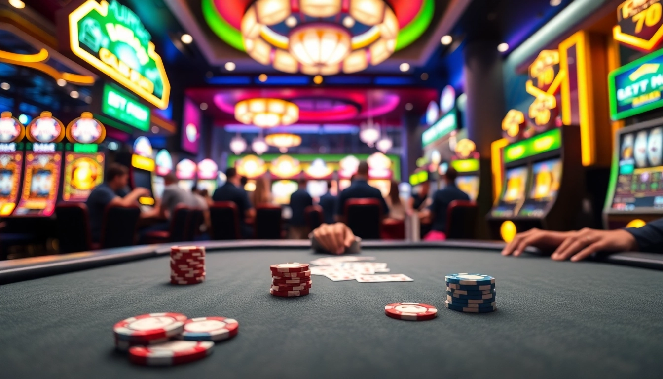 Engage with GEEK THC players at a lively poker table surrounded by vibrant casino elements.