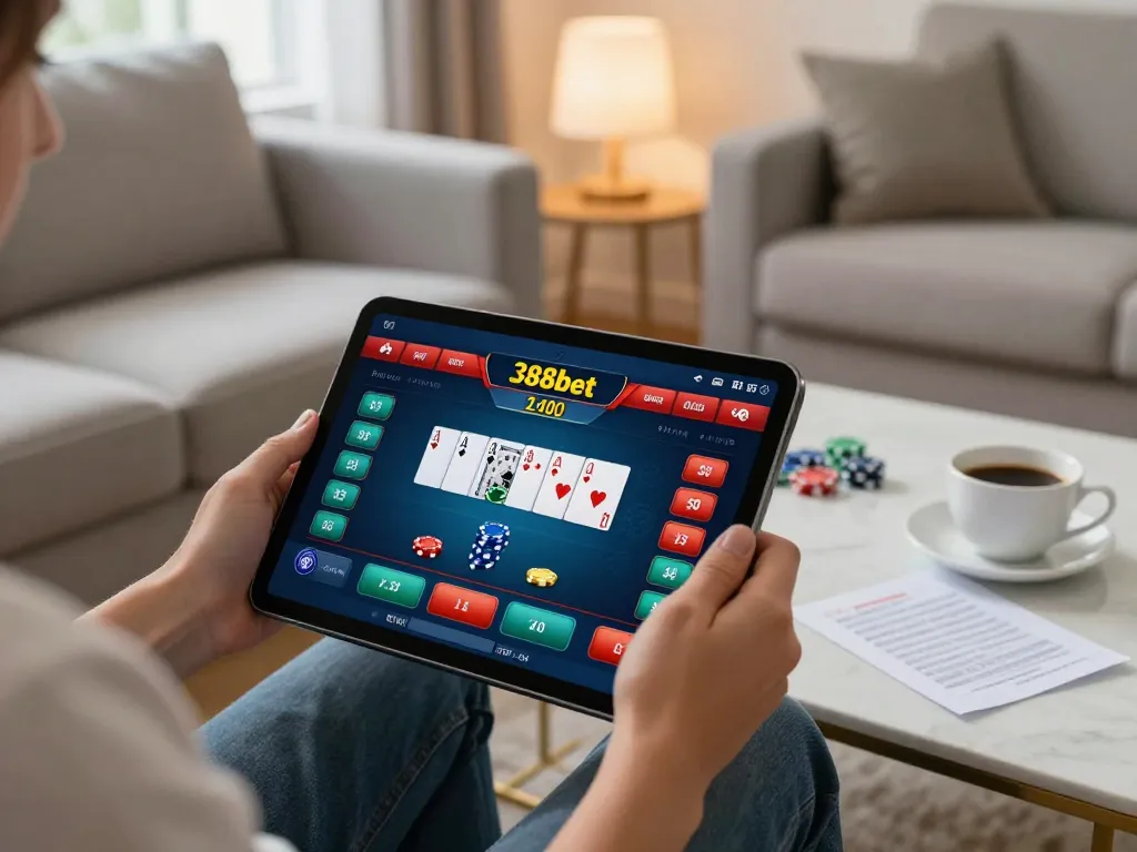 Engaged player exploring strategic poker options on 388bet app in a cozy home setting.