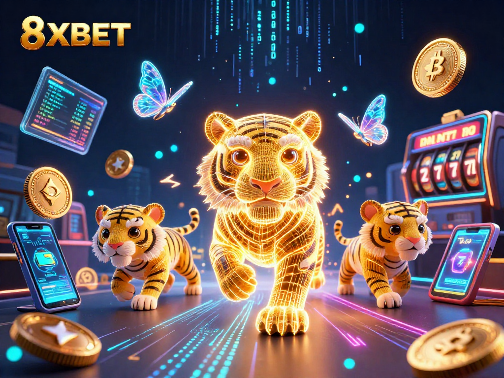 Engage in thrilling gameplay at 8XBET's digital casino featuring neon elements and iconic gaming symbols.