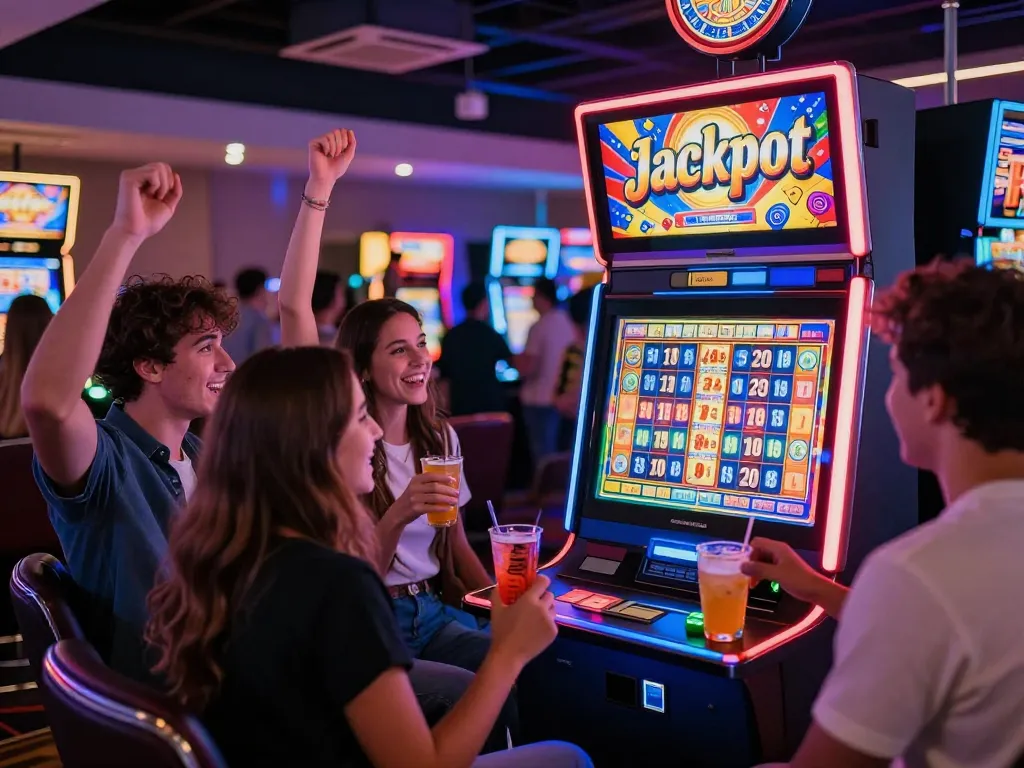 Friends joyfully celebrating a win at a slot machine in a colorful casino.