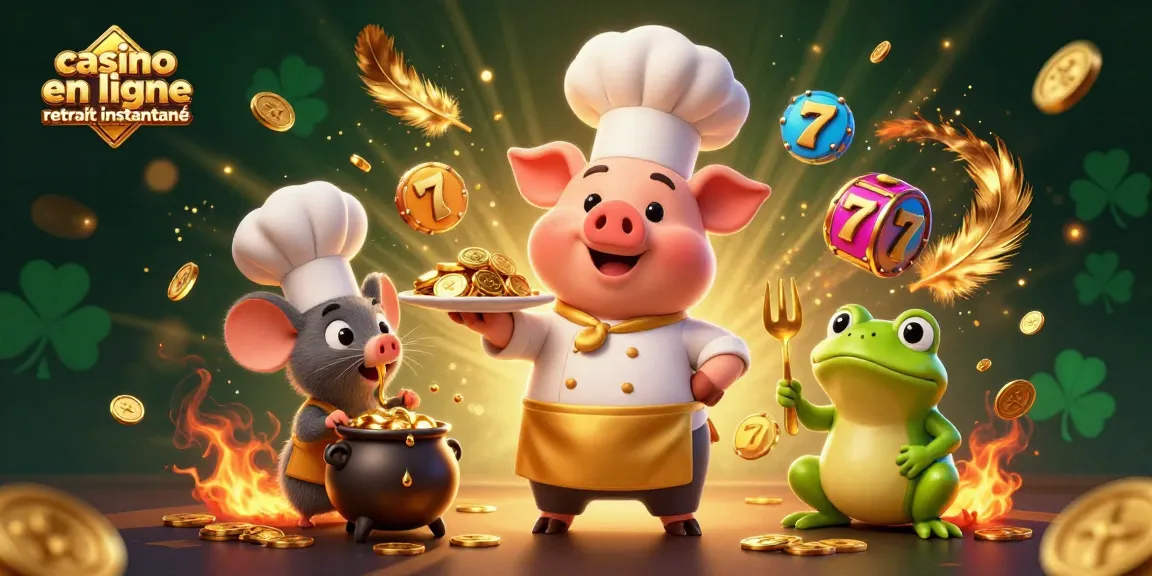 Visuel captivant du thème casino en ligne retrait instantané, mettant en scène un chef cochon cartoon servant des pièces d'or.